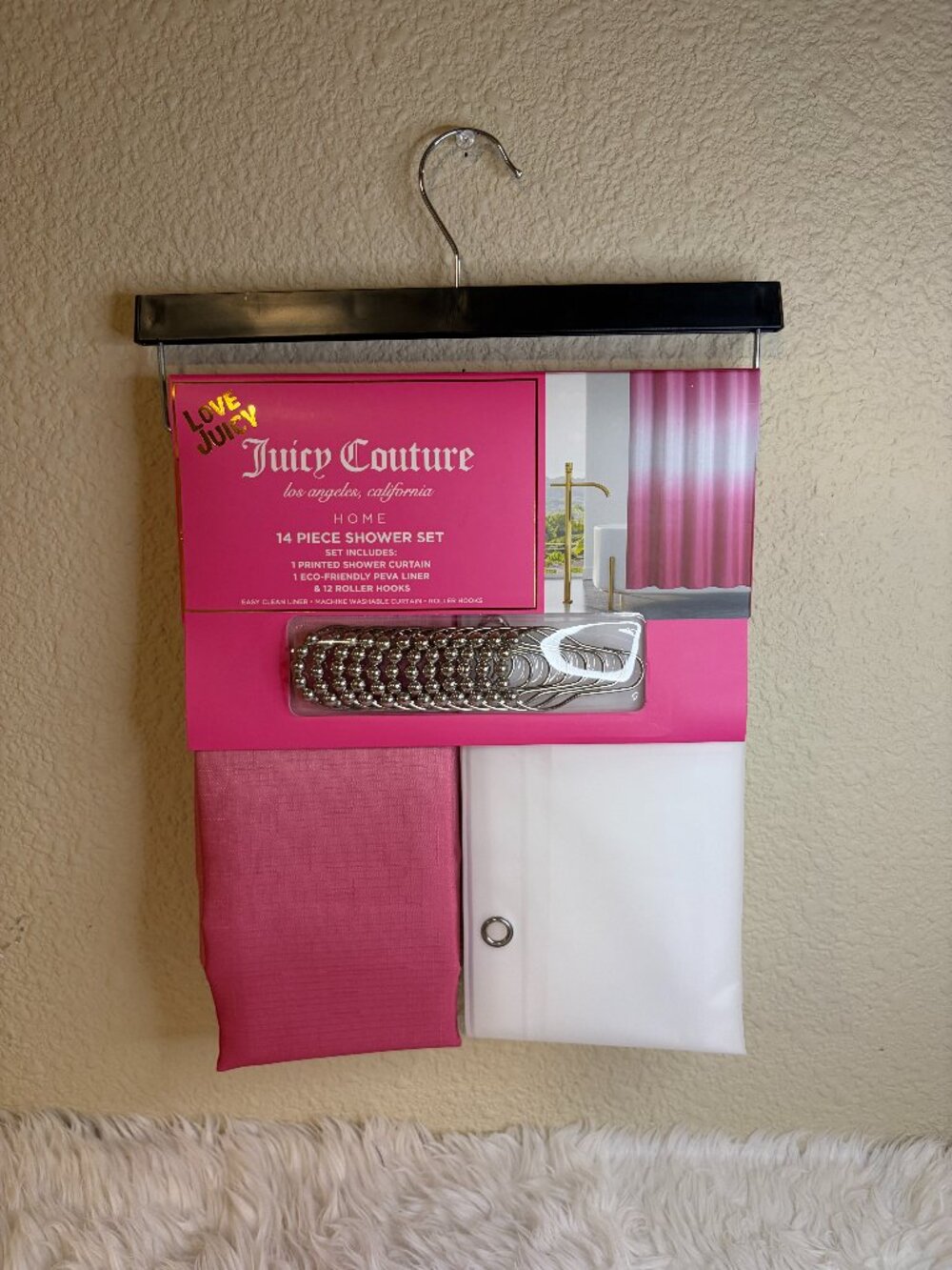 Juicy Couture Hot Pink Ombre Shower Curtain Set Liner Hooks 14 Pc NWT
